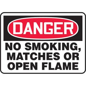"No Smoking, Matches Or Open Flame" Sign - Vinyl, Plastic, Aluminum, 7", 10", Adhesive, English, Smoking Control, Danger; No Smoking, Matches Or Open Flame