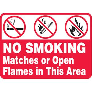 "No Smoking, Matches Or Open Flame" Sign - Vinyl, Plastic, Aluminum, 7", 10", Adhesive, English with Pictogram, Smoking Control, No Smoking Matches or Open Flames In This Area w/Pictograms
