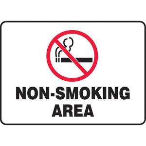 "Non-Smoking Area" Sign - Vinyl, Plastic, Aluminum, 10", 14", Adhesive, English with Pictogram, Smoking Control, Non-Smoking area w/Pictogram, '-20°F to 140°F, 2 years outdoors
