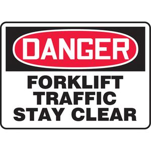 "Forklift Traffic" Sign - Vinyl, Plastic, Aluminum, 10", 14", Adhesive, English, Industrial Traffic, Danger; Forklift Traffic Stay Clear, '-20°F to 140°F, 2 years outdoors