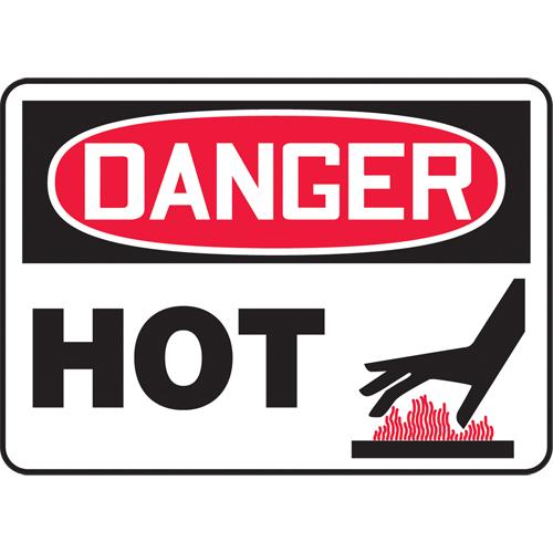 "Hot" Sign - Aluminum, Plastic, Vinyl, 10", 14", Bolt-On, English with Pictogram, Specific Hazards, Danger; Hot w/Pictogram, '-20°F to 140°F, 5 years outdoors