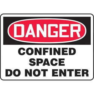 "Confined Space Do Not Enter" Sign - Aluminum, Plastic, Vinyl, 10", 14", Bolt-On, English, Confined Space, Danger; Confined Space Do Not Enter, '-20°F to 140°F, 5 years outdoors