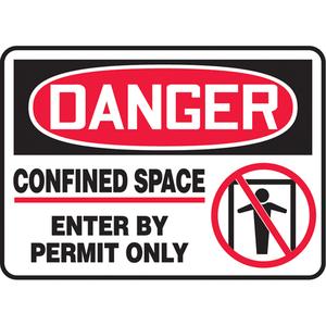 "Confined Space Enter By Permit" Sign - Aluminum, Plastic, Vinyl, 7", 10", Bolt-On, English with Pictogram, Confined Space, Danger; Confined Space Enter By Permit Only w/Pictogram
