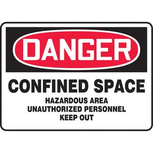"Confined Space Hazardous Area" Sign - Aluminum, Plastic, Vinyl, 10", 14", Bolt-On, English, Confined Space, Danger; Confined Space Hazardous Area Unauthorized Personnel Keep Out
