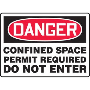 "Confined Space Permit Required" Sign - Aluminum, Plastic, Vinyl, 10", 14", Bolt-On, English, Confined Space, Danger; Confined Space Permit Not Required Do Not Enter, '-20°F to 140°F, 5 years outdoors