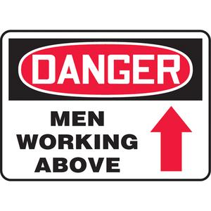 "Men Working Above" Sign - Vinyl, Aluminum, 10", 14", Adhesive, English with Pictogram, Construction, Danger; Men Working Above w/Upwards Arrow