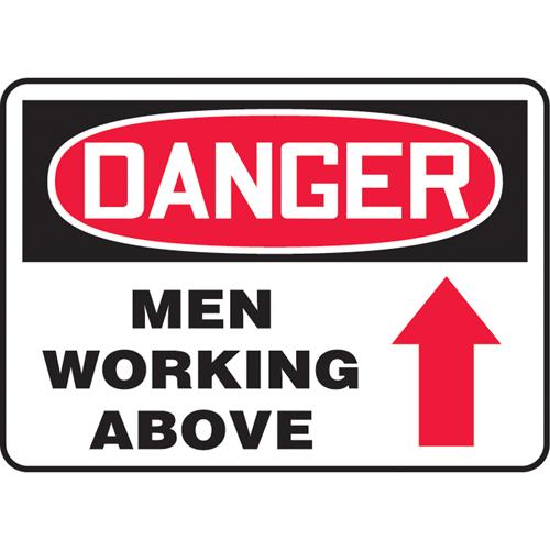 "Men Working Above" Sign - Vinyl, Aluminum, 10", 14", Adhesive, English with Pictogram, Construction, Danger; Men Working Above w/Upwards Arrow