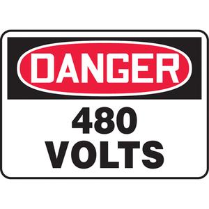 "480 Volts" Sign - Vinyl, Plastic, Aluminum, 10", 14", Adhesive, English, Electrical, Danger; 480 Volts, '-20°F to 140°F, 2 years outdoors