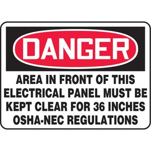"Electrical Panel Must Be Kept Clear" Sign - Vinyl, Plastic, Aluminum, 10", 14", Adhesive, English, Electrical, Danger; Area In Front Of This Electrical Panel Must Be Kept Clear For 36 Inches Osha-Nec Regulations