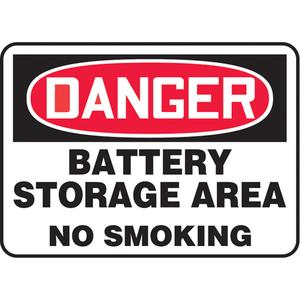 "Battery Storage Area" Sign - Vinyl, Plastic, Aluminum, 10", 14", Adhesive, English, Electrical, Danger; Battery Storage Area No Smoking