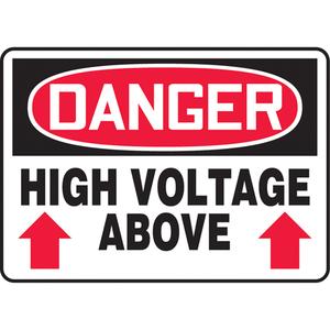 "High Voltage Above" Sign - Vinyl, Plastic, Aluminum, 10", 14", Adhesive, English with Pictogram, Electrical, Danger; High Voltage Above w/Upwards Arrows