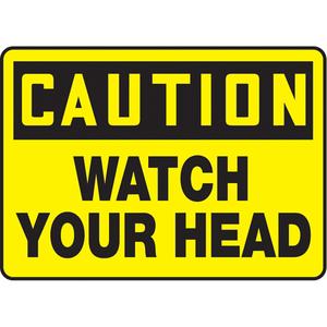 "Watch Your Head" Sign - Vinyl, Plastic, Aluminum, 10", 14", Adhesive, English, Equipment, Caution; Watch Your Head, '-20°F to 140°F, 2 years outdoors