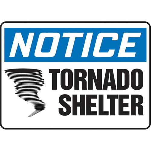 "Tornado Shelter" Sign - Vinyl, Plastic, Aluminum, 7", 10", Adhesive, English with Pictogram, Specific Hazards, Notice; Tornado Shelter w/Pictogram