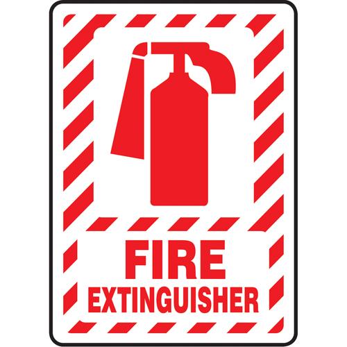 "Fire Extinguisher" Sign - Aluminum, Plastic, 10", 7", Bolt-On, English with Pictogram, Fire and Emergency, Fire Extinguisher w/Pictogram, '-20°F to 140°F, 5 years outdoors