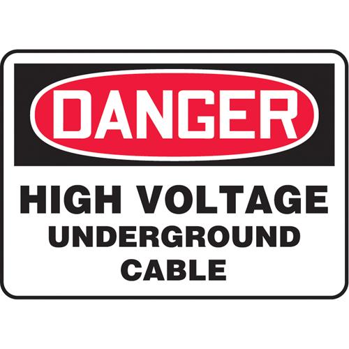 "Underground Cable" Sign - Vinyl, Plastic, Aluminum, 10", 14", Adhesive, English, Electrical, Danger; High Voltage Underground Cable