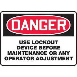 "Lock Out" Sign - Vinyl, Plastic, Aluminum, 10", 14", Adhesive, English, Specific Hazards, Danger; Use Lockout Device Before Maintenance Or Any Operator Adjustment