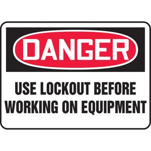 "Lock Out" Sign - Vinyl, Plastic, Aluminum, 10", 14", Adhesive, English, Specific Hazards, Danger; Use Lockout Before Working on Equipment, '-20°F to 140°F, 2 years outdoors