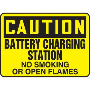 "Battery Charging Station" Sign - Vinyl, Plastic, Aluminum, 10", 14", Adhesive, English, Electrical, Caution; Battery Charging Station No Smoking Or Open Flames