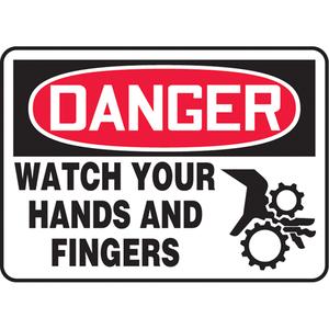 "Watch Your Hands" Sign - Vinyl, Plastic, Aluminum, 10", 14", Adhesive, English with Pictogram, Equipment, Danger; Watch Your Hands And Fingers w/Pictogram, '-20°F to 140°F, 2 years outdoors