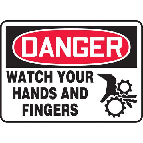 "Watch Your Hands" Sign - Vinyl, Plastic, Aluminum, 10", 14", Adhesive, English with Pictogram, Equipment, Danger; Watch Your Hands And Fingers w/Pictogram, '-20°F to 140°F, 2 years outdoors
