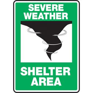 "Shelter Area" Sign - Vinyl, Plastic, Aluminum, 10", 7", Adhesive, English with Pictogram, Specific Hazards, Severe Weather Shelter Area w/Pictogram