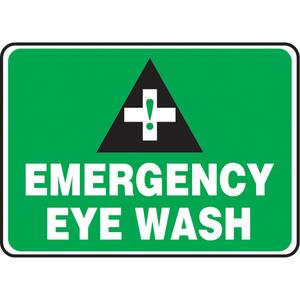 "Emergency Eye Wash" Sign - Vinyl, Plastic, Aluminum, 10", 14", Adhesive, English with Pictogram, First Aid, Emergency; Eye Wash w/Pictogram