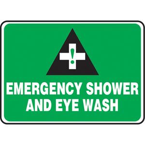 "Emergency Shower & Eye Wash" Sign - Vinyl, Plastic, Aluminum, 10", 14", Adhesive, English with Pictogram, First Aid, Emergency; Shower And Eye Wash w/Pictogram