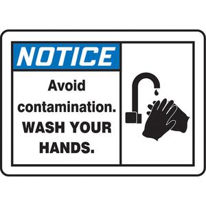 "Wash Your Hands" Sign - Vinyl, Plastic, Aluminum, 10", 14", Adhesive, English with Pictogram, Housekeeping and Hygiene, Notice; Avoid Contamination Wash Your Hands w/Pictogram