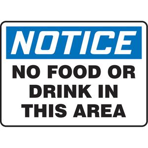 "No Food or Drink" Sign - Vinyl, Plastic, Aluminum, 10", 14", Adhesive, English, Housekeeping and Hygiene, Notice; No Food Or Drink In This Area