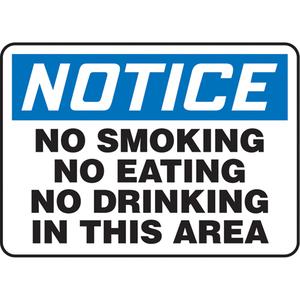 "No Smoking, No Eating, No Drinking" Sign - Vinyl, Plastic, Aluminum, 10", 14", Adhesive, English, Housekeeping and Hygiene/Smoking Control, Notice; No Smoking No Eating No Drinking In This Area