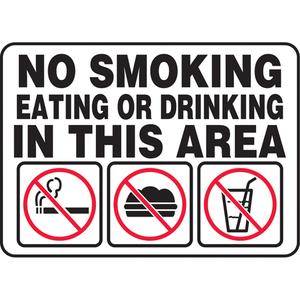 "No Smoking, Eating, Or Drinking" Sign - Vinyl, 7", 10", Adhesive, English with Pictogram, Housekeeping and Hygiene/Smoking Control, No Smoking Eating or Drinking In This Area w/Pictogram