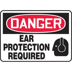 "Ear Protection Required" Sign - Vinyl, Aluminum, 10", 14", Adhesive, English with Pictogram, Personal Protection, Danger; Ear Protection Required w/Pictogram, '-20°F to 140°F, 2 years outdoors
