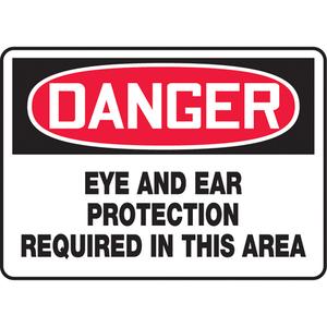 "Eye & Ear Protection Required" Sign - Vinyl, Plastic, Aluminum, 10", 14", Adhesive, English, Personal Protection, Danger; Eye and Ear Protection Required in this Area, '-20°F to 140°F