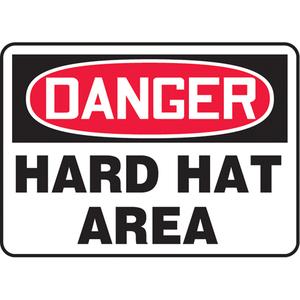 "Hard Hat Area" Sign - Vinyl, Plastic, Aluminum, 10", 14", Adhesive, English, Personal Protection, Danger; Hard Hat Area