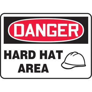 "Hard Hat Area" Sign - Plastic, Vinyl, Aluminum, 10", 7", Bolt-On, English with Pictogram, Personal Protection, '-90°F to 168°F, 2 years outdoors, Danger; Hard Hat Area w/Pictogram