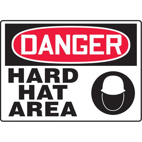 "Hard Hat Area" Sign - Vinyl, Aluminum, Plastic, 10", 14", Adhesive, English with Pictogram, Personal Protection, Danger; Hard Hat Area w/Pictogram