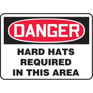 "Hard Hats Required" Sign - Vinyl, Plastic, Aluminum, 10", 14", Adhesive, English, Personal Protection, Danger; Hard Hats Required In This Area