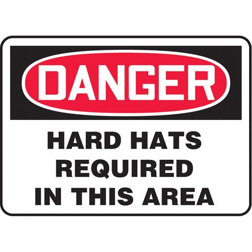 "Hard Hats Required" Sign - Vinyl, Plastic, Aluminum, 10", 14", Adhesive, English, Personal Protection, Danger; Hard Hats Required In This Area