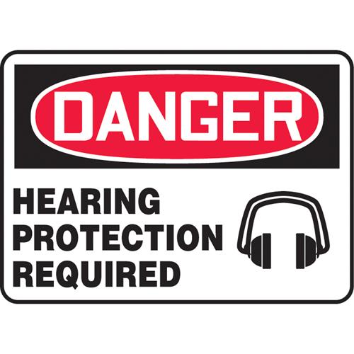 "Hearing Protection Required" Sign - Vinyl, Plastic, Aluminum, 7", 10", Adhesive, English with Pictogram, Personal Protection