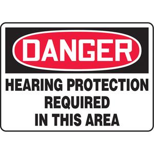 "Hearing Protection Required" Sign - Vinyl, Plastic, Aluminum, 10", 14", Adhesive, English, Personal Protection, Danger; Hearing Protection Required In This Area