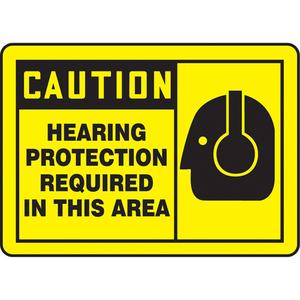 "Hearing Protection Required" Sign - Vinyl, Plastic, Aluminum, 10", 14", Adhesive, English with Pictogram, Personal Protection