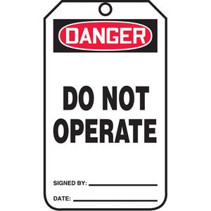 Safety Tags - English, Plastic, 3-3/8", 5-7/8", 3/8", Danger Do Not Operate, 25, Package