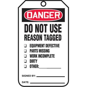 Safety Tags - English, Plastic, 3-3/8", 5-7/8", Danger Do Not Use Reason Tagged