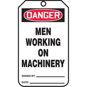 Safety Tags - English, Plastic, 3-3/8", 5-7/8", Danger Men Working On Machinery