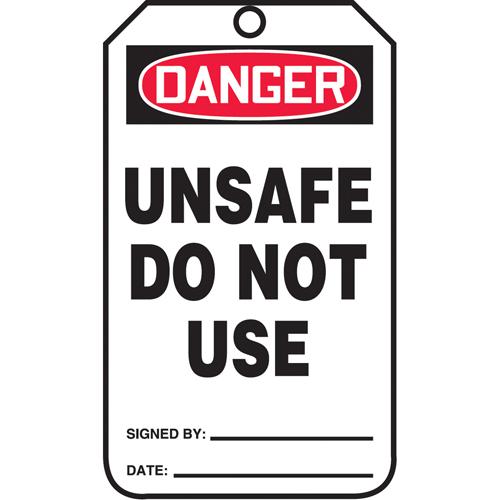 Safety Tags - English, Plastic, 3-3/8", 5-7/8", Danger Unsafe Do Not Use, 5, Package