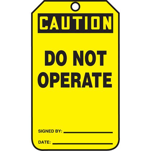 Safety Tags - English, Plastic, 3-3/8", 5-7/8", Caution Do Not Operate, 5, Package