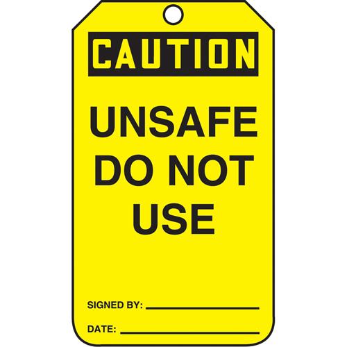 Safety Tags - English, Plastic, 3-3/8", 5-7/8", Caution Unsafe Do Not Use, 25, Package