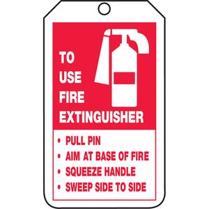 Inspection Tags - Plastic, English, 3-3/8", 5-7/8", 3/8", Package, 25, To Use This Fire Extinguisher - Pull Pin, Aim At Base Of Fire, Squeeze Handle, Sweep Side to Side