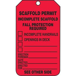 Inspection Tags - Cardstock, English, 3-1/8", 5-7/8", Scaffold Permit Incomplete Scaffold Fall Protection Required