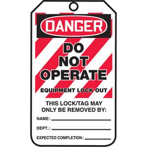 Lockout Tags - Plastic, English, 3-3/8", 5-7/8", Danger Do Not Operate Equipment Locked Out